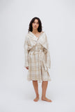 Oat Check House Shirt worn by female model with removable waist tie, standing front view