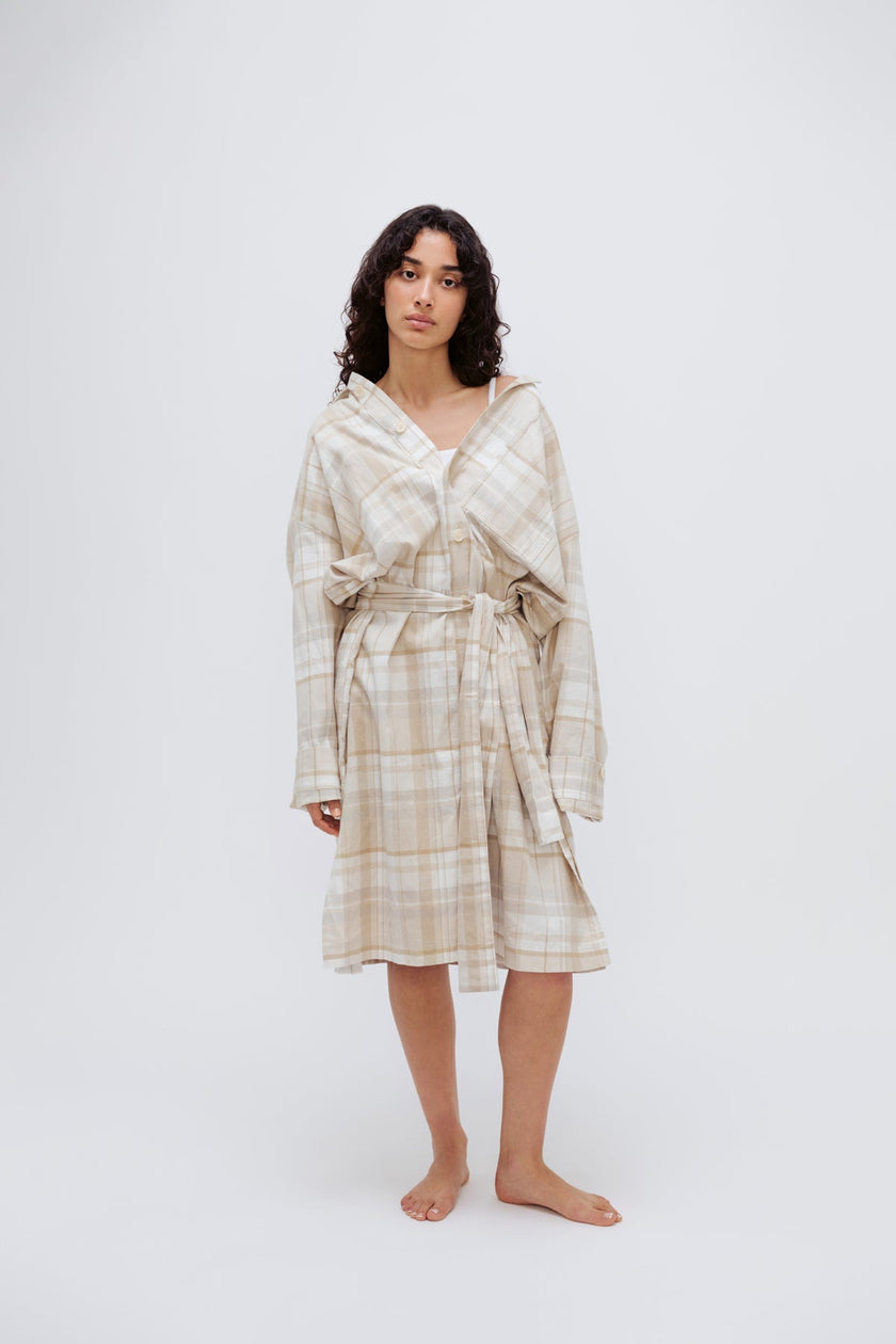 Oat Check House Shirt worn by female model with removable waist tie, standing front view