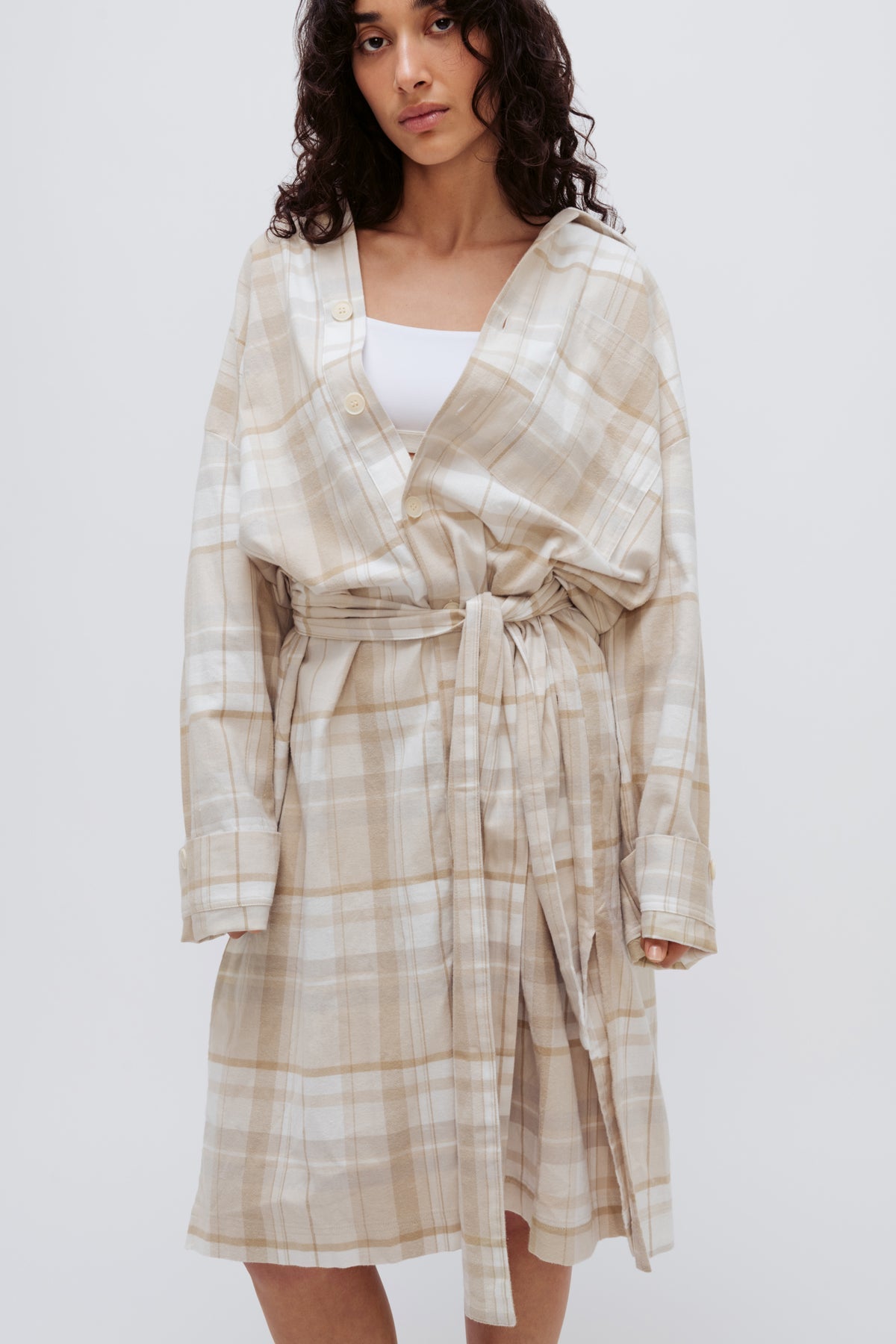 Oat Check House Shirt worn by female model with removable waist tie, standing cropped front view with Square Neck Bralette visible underneath