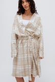 Oat Check House Shirt worn by female model with removable waist tie, standing cropped front view with Square Neck Bralette visible underneath