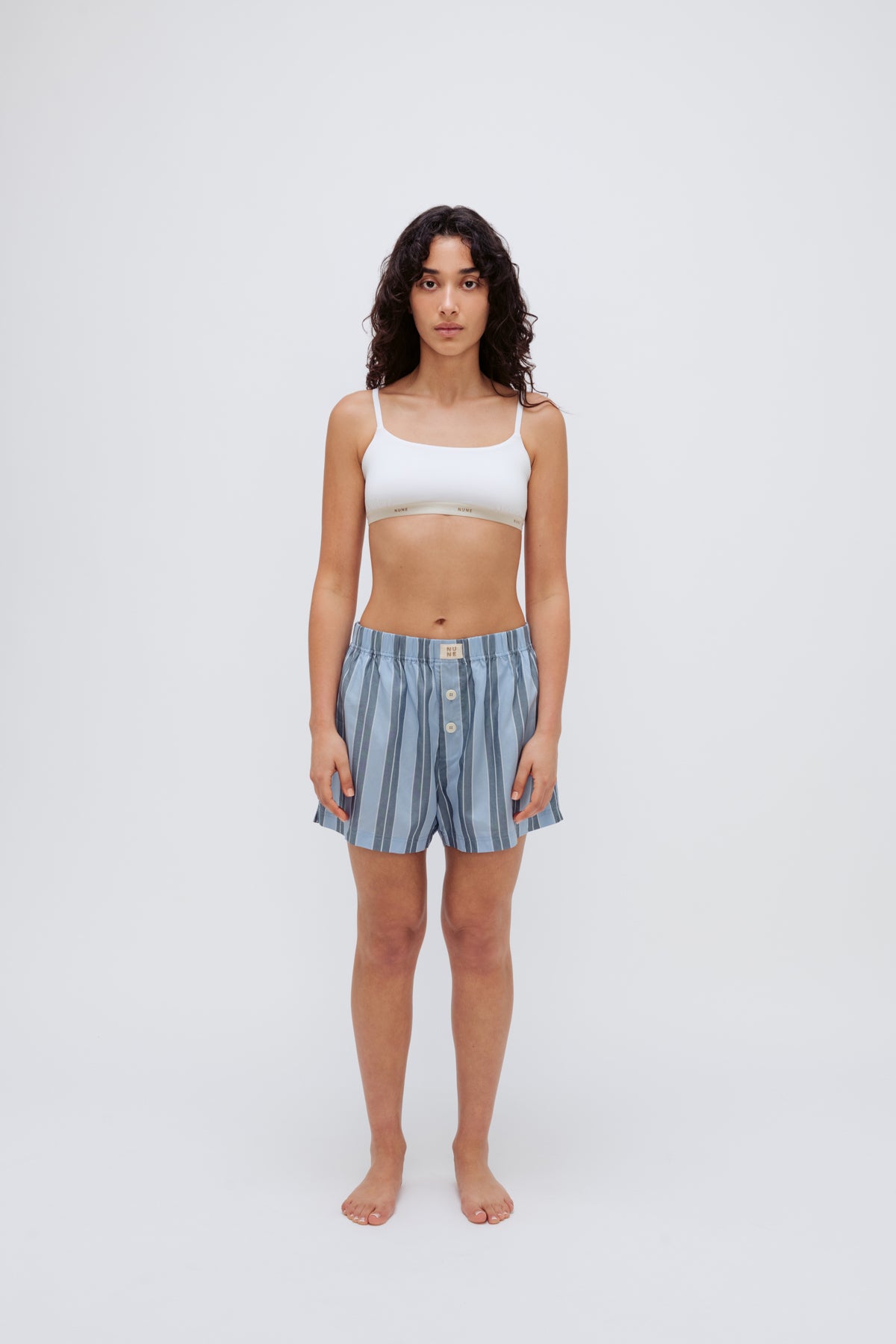 Boxer Short in Daybreak Stripe and Square Neck Bralette in White worn by female model full length front view