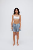 Boxer Short in Daybreak Stripe and Square Neck Bralette in White worn by female model full length front view