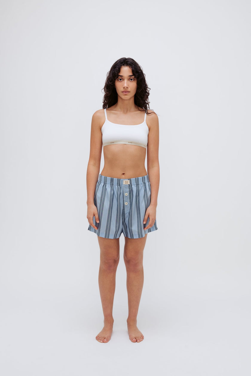 Boxer Short in Daybreak Stripe and Square Neck Bralette in White worn by female model full length front view