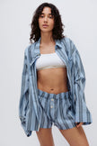 Long Sleeve Sleep Shirt and Boxer Short in Daybreak Stripe worn over Square Neck Bralette in White by female model front view