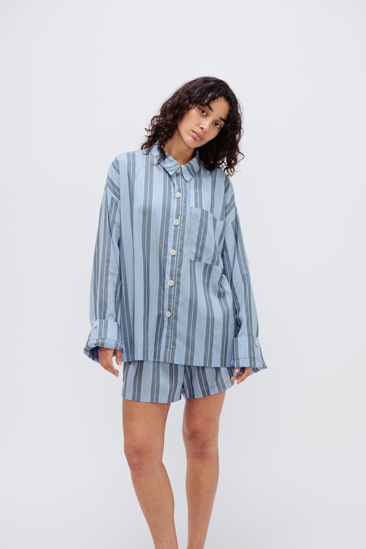 Long Sleeve Sleep Shirt and Classic Boxer Shorts in Daybreak Stripe Macel worn by female model, front view