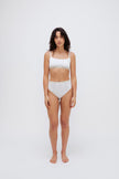 Square Neck Bralette in white silky-soft micromodal blend worn with women's white high waist briefs by female model, front view showing double layer front panel to gusset of briefs.