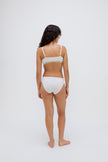 White triangle bralette and white mid brief worn by female model, back view showing adjustable straps on bralette