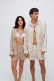 Oat boxer shorts and sleep shirt worn by female model and oat check boxer shorts and sleep shirt worn by male model