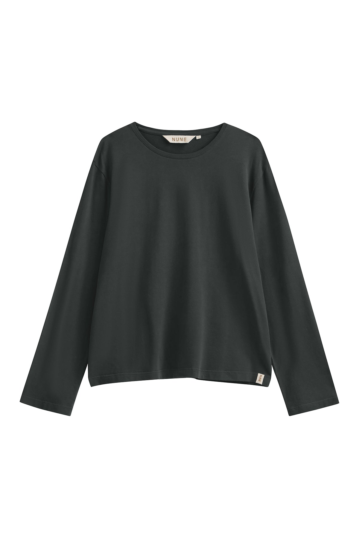The Cosy Long Sleeve Top in charcoal front view showing a soft collar band for subtle structure.