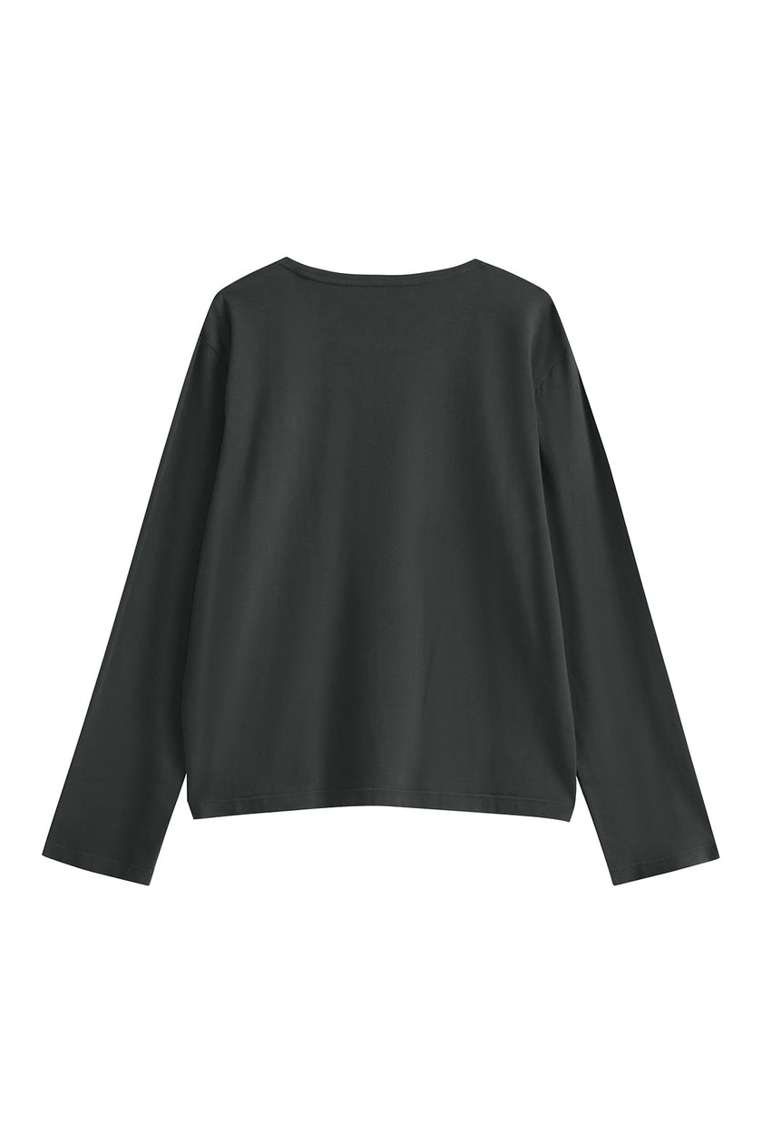The Cosy Long Sleeve Top in charcoal back view showing a soft collar band for subtle structure.