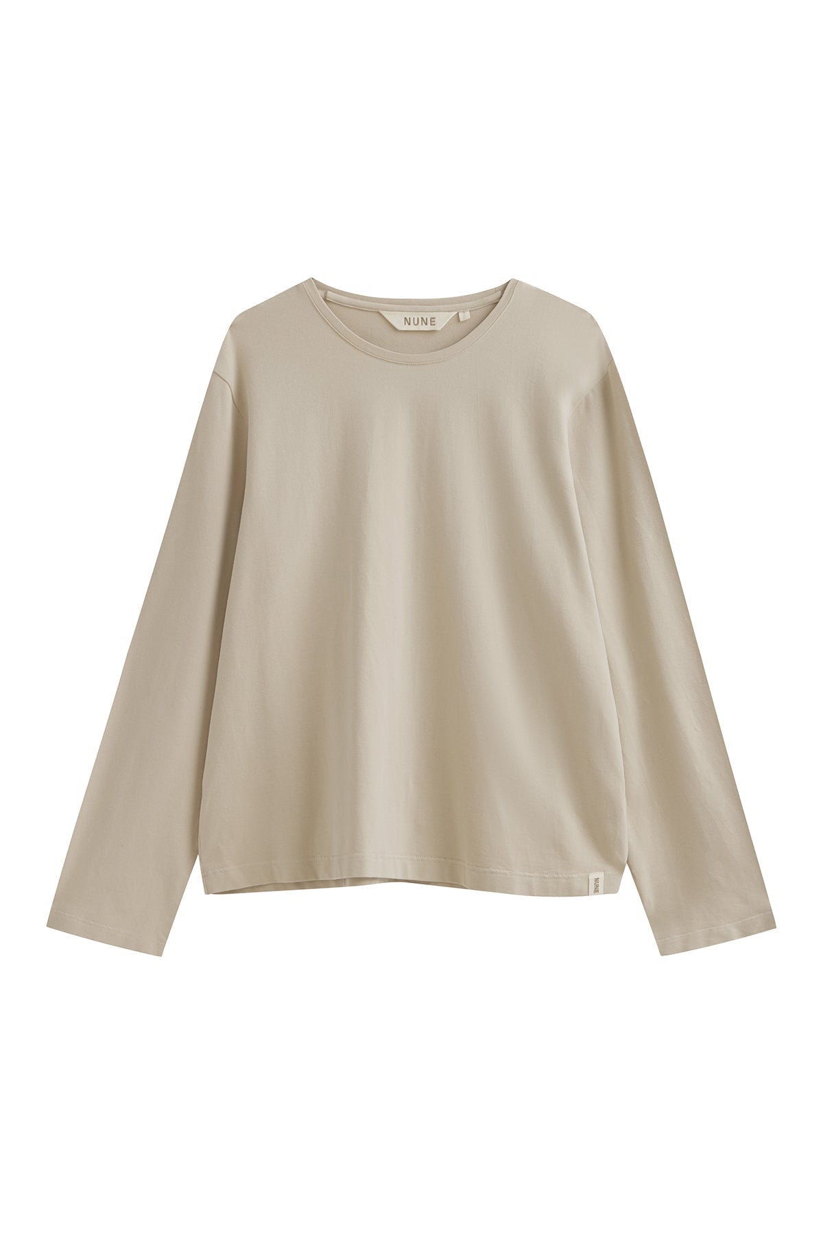 The Cosy Long Sleeve Top in latte front view showing a soft collar band for subtle structure.
