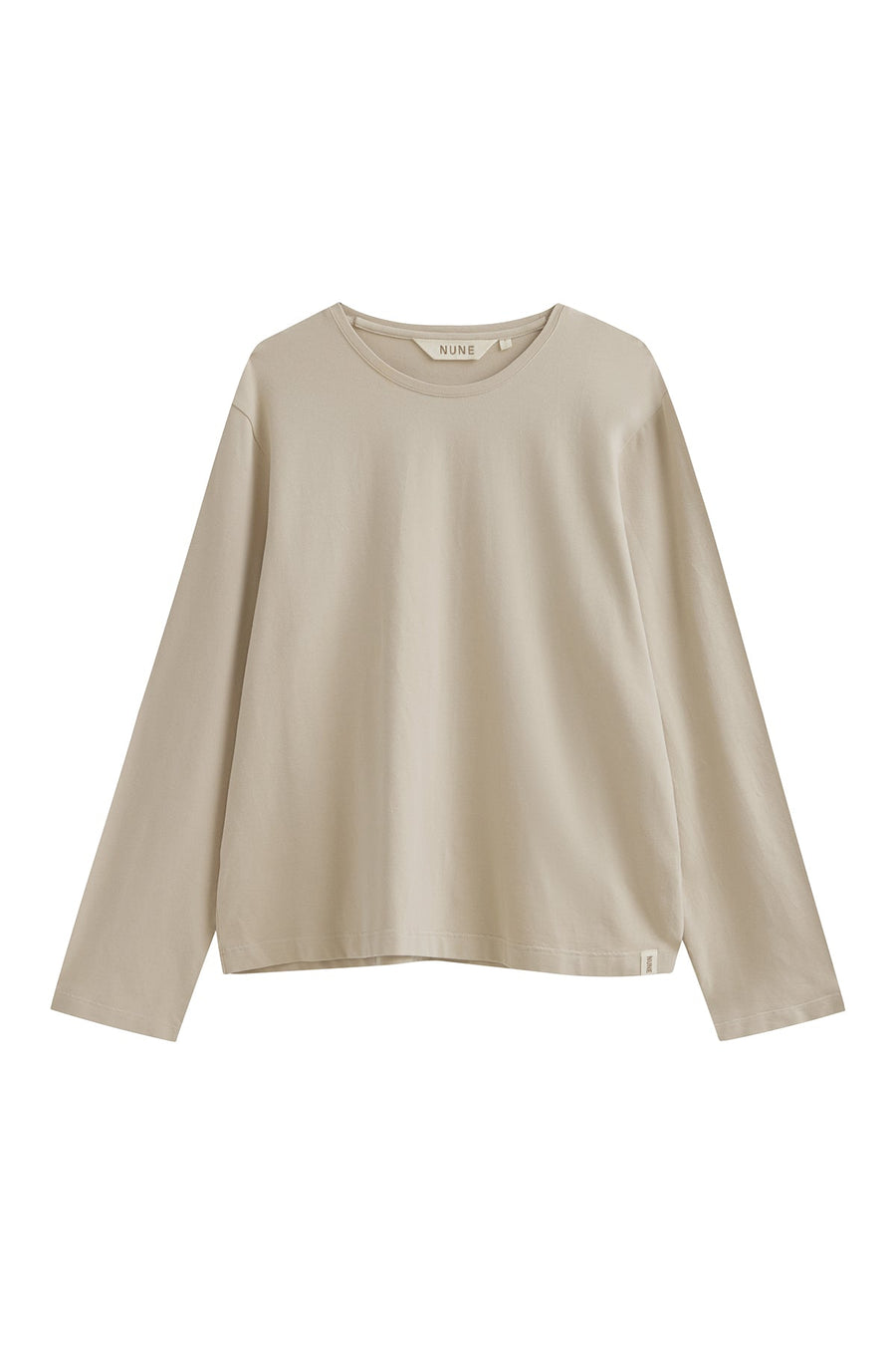 The Cosy Long Sleeve Top in latte front view showing a soft collar band for subtle structure.