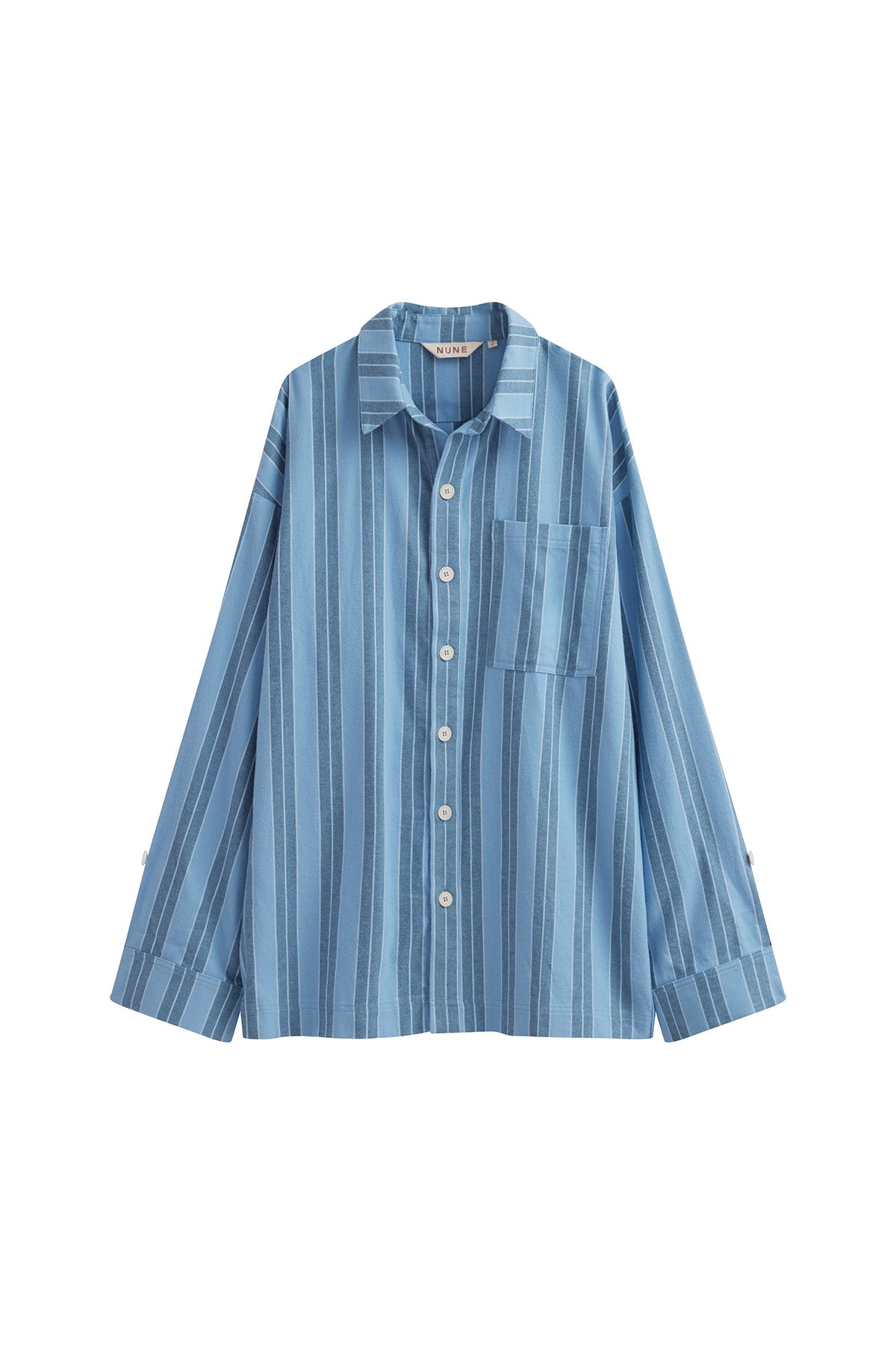 Long Sleeve Sleep Shirt Flannel in Daybreak Stripe, front view showing 6 front buttons and chest pocket.
