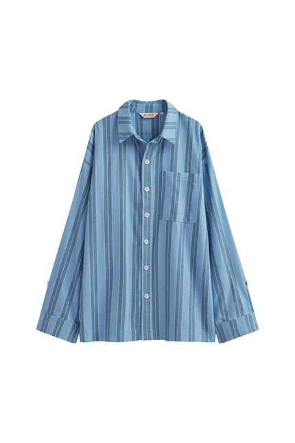Long Sleeve Sleep Shirt Flannel in Daybreak Stripe, front view showing 6 front buttons and chest pocket.