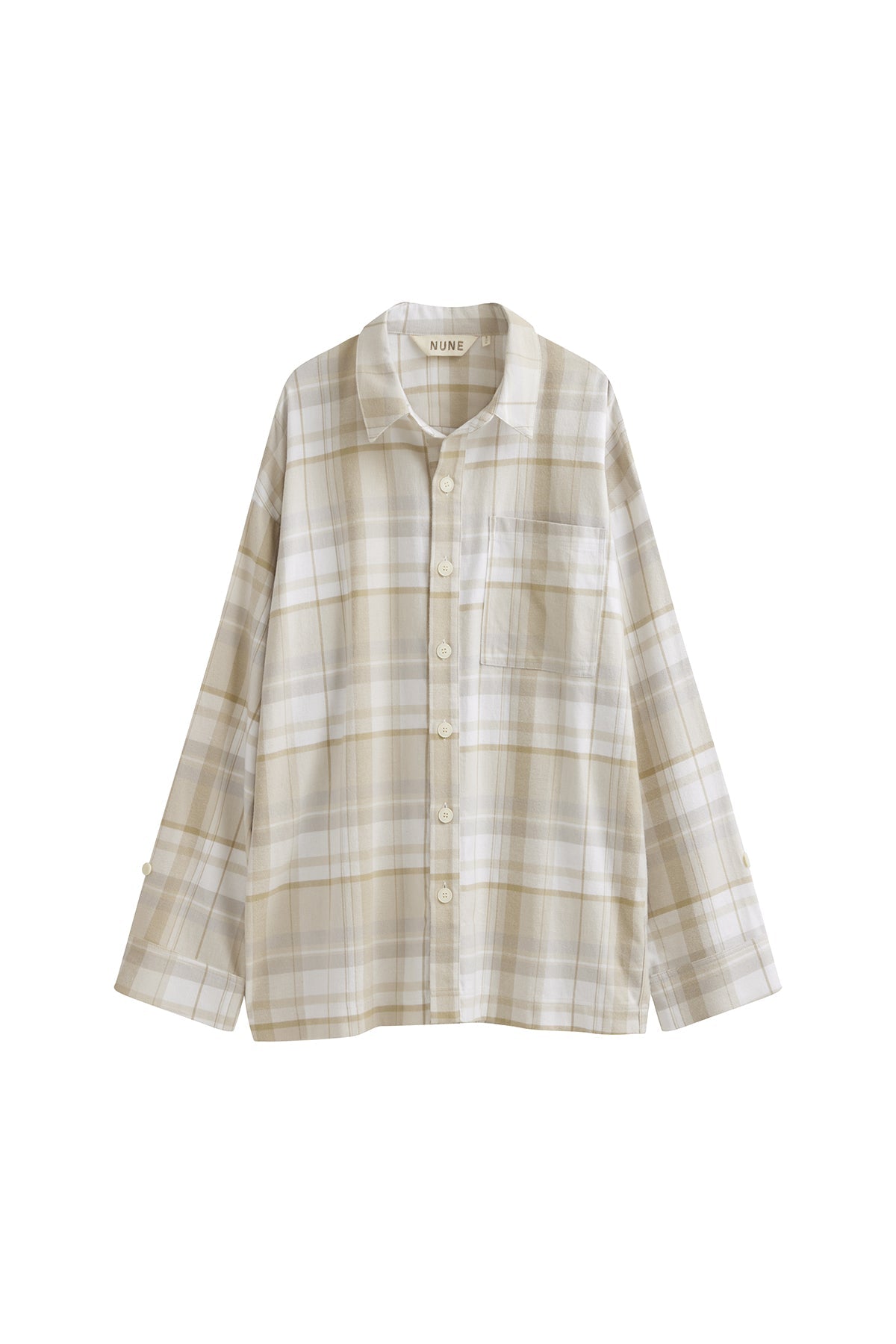 Long Sleeve Sleep Shirt Flannel in Oat Check, front view showing front buttons and chest pocket