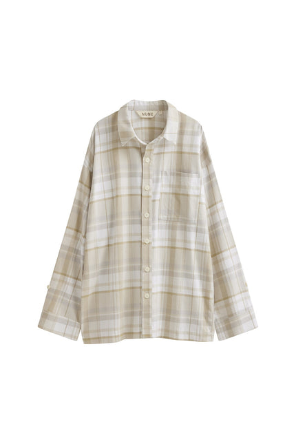 Long Sleeve Sleep Shirt Flannel in Oat Check, front view showing front buttons and chest pocket