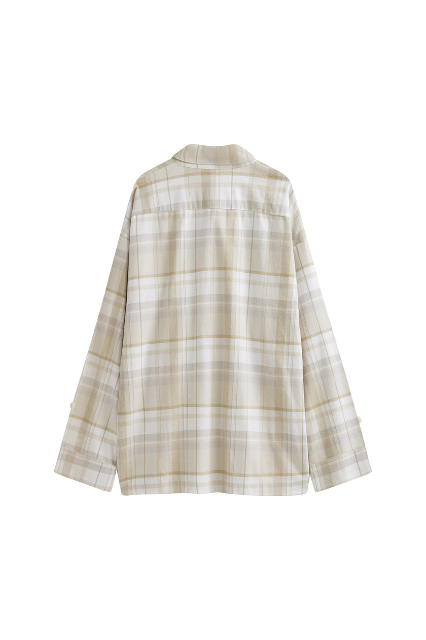 Long Sleeve Sleep Shirt Flannel in Oat Check, back view 