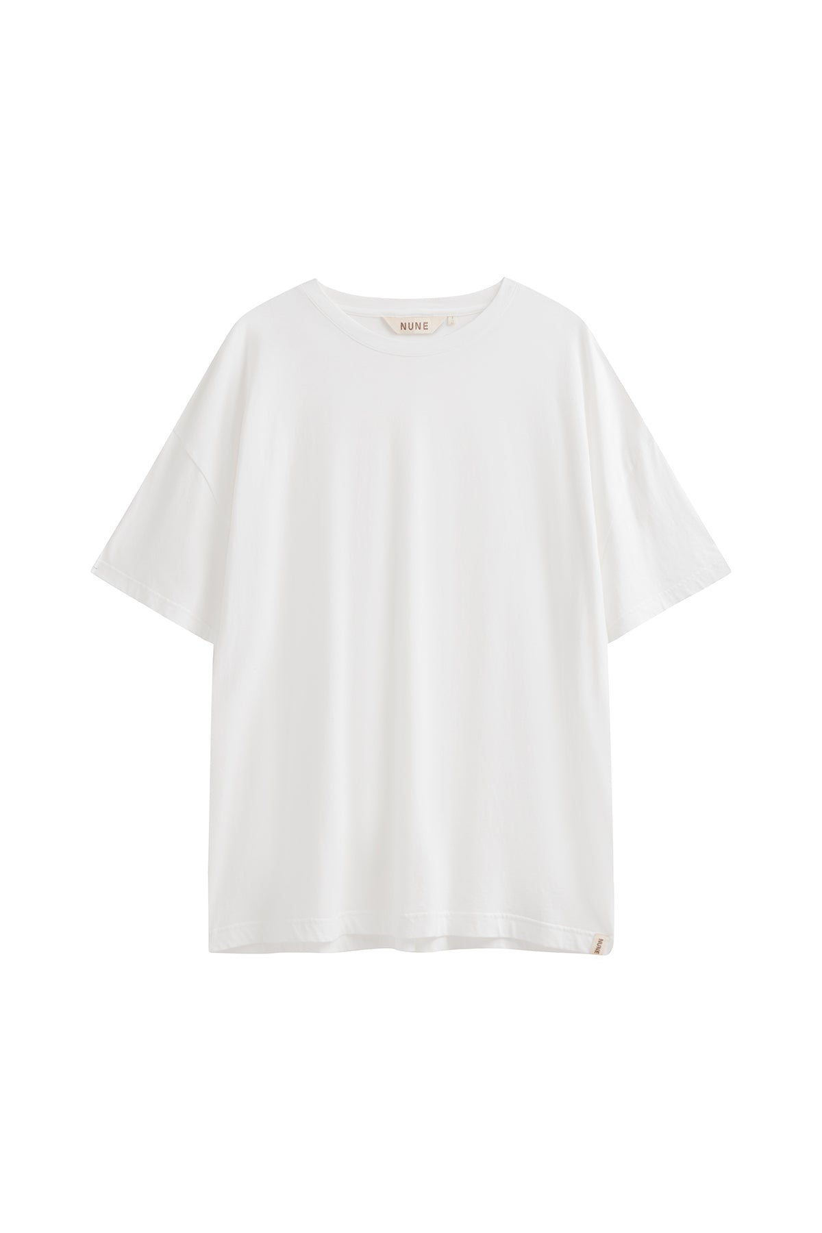 White Oversized Tee with a drop-shoulder silhouette made in organic cotton jersey, front view