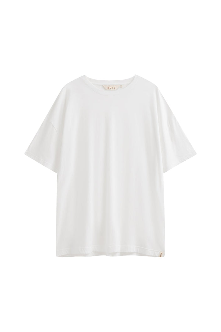 White Oversized Tee with a drop-shoulder silhouette made in organic cotton jersey, front view