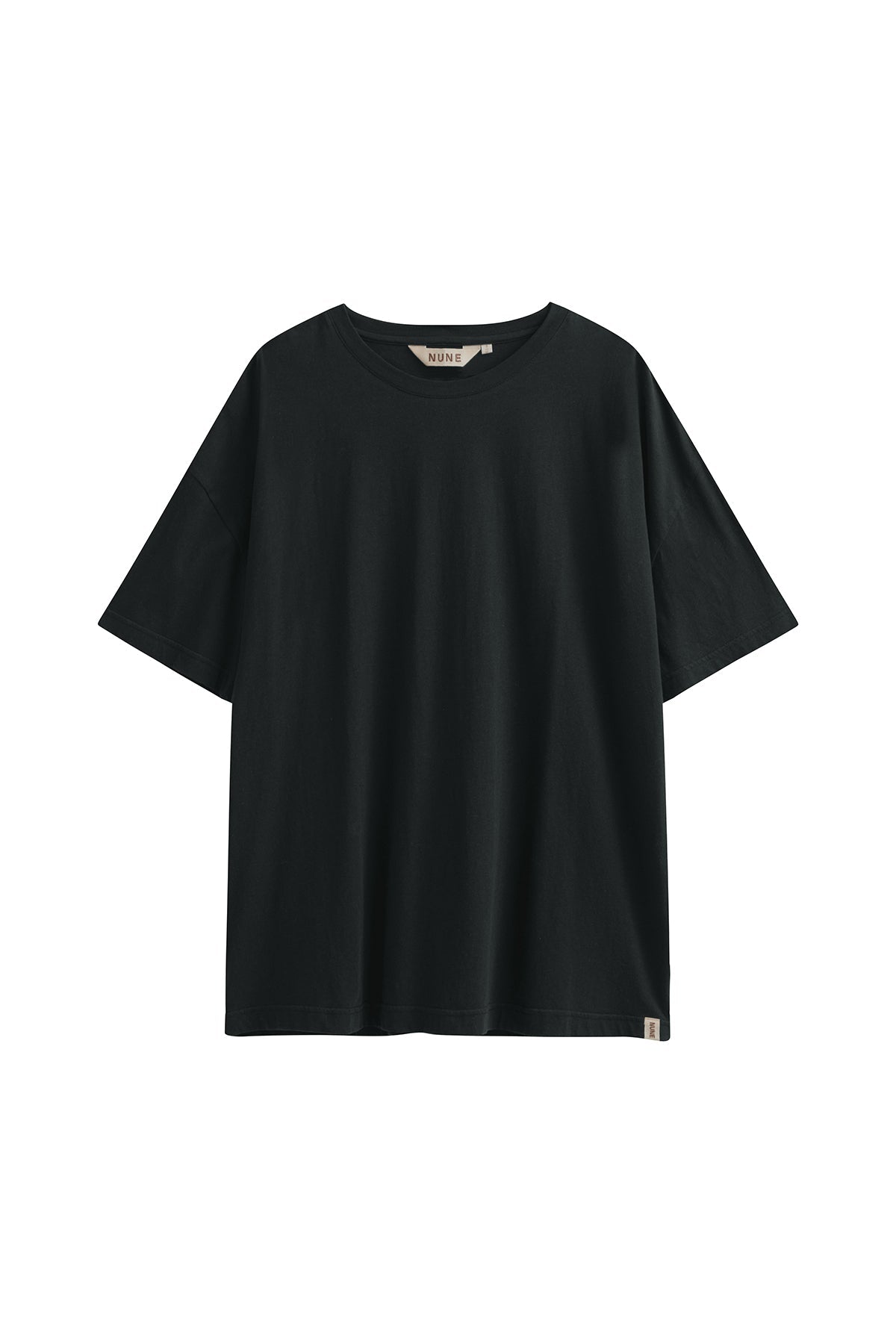 Black Oversized Tee with a drop-shoulder silhouette made in organic cotton jersey, front view