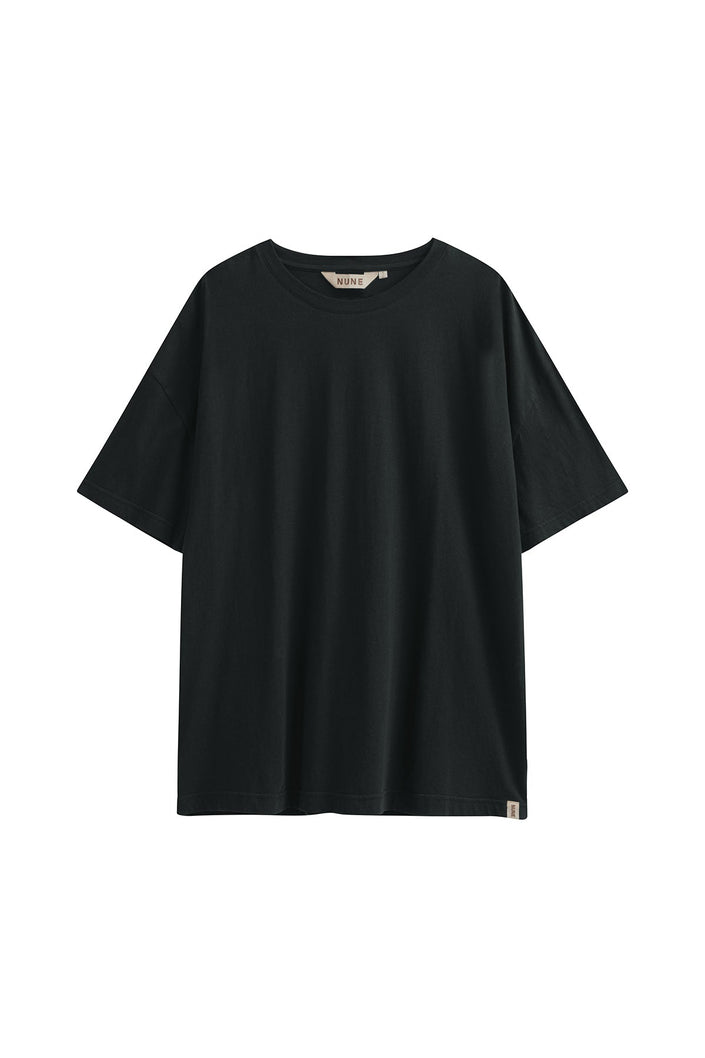 Black Oversized Tee with a drop-shoulder silhouette made in organic cotton jersey, front view