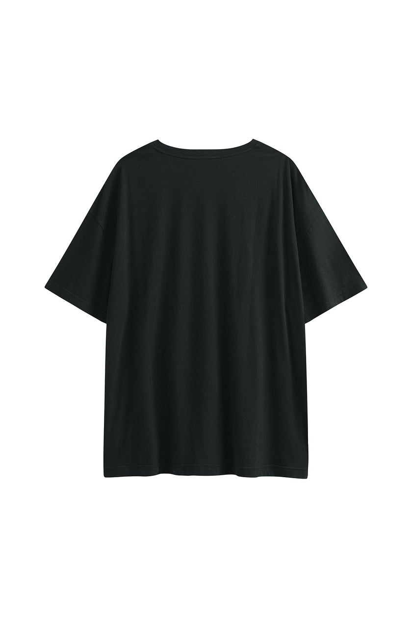 Black Oversized Tee with a drop-shoulder silhouette made in organic cotton jersey, back view