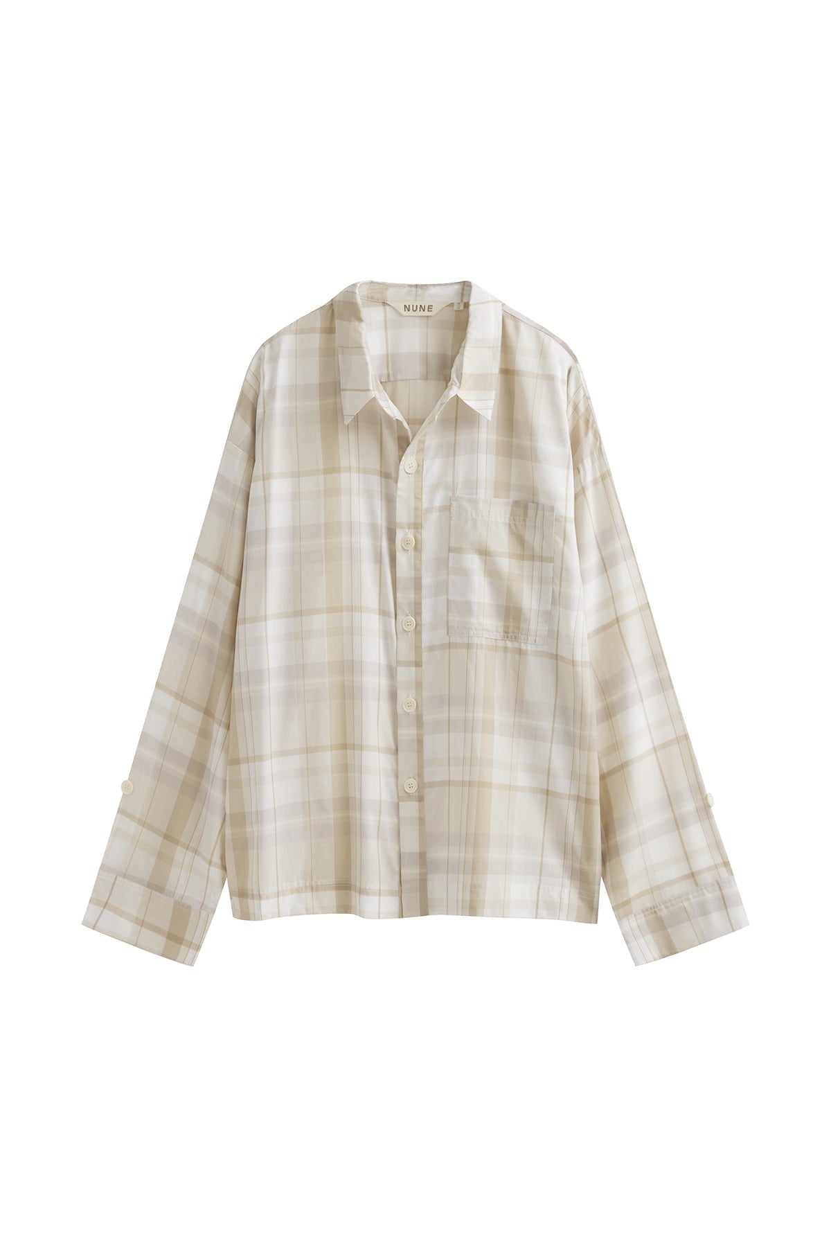 Long Sleeve Sleep Shirt Macel in Oat Check, front view showing front buttons and chest pocket