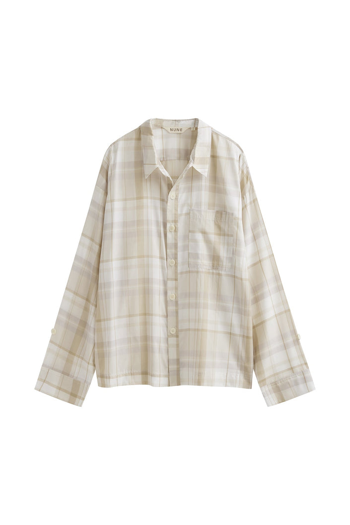 Long Sleeve Sleep Shirt Macel in Oat Check, front view showing front buttons and chest pocket