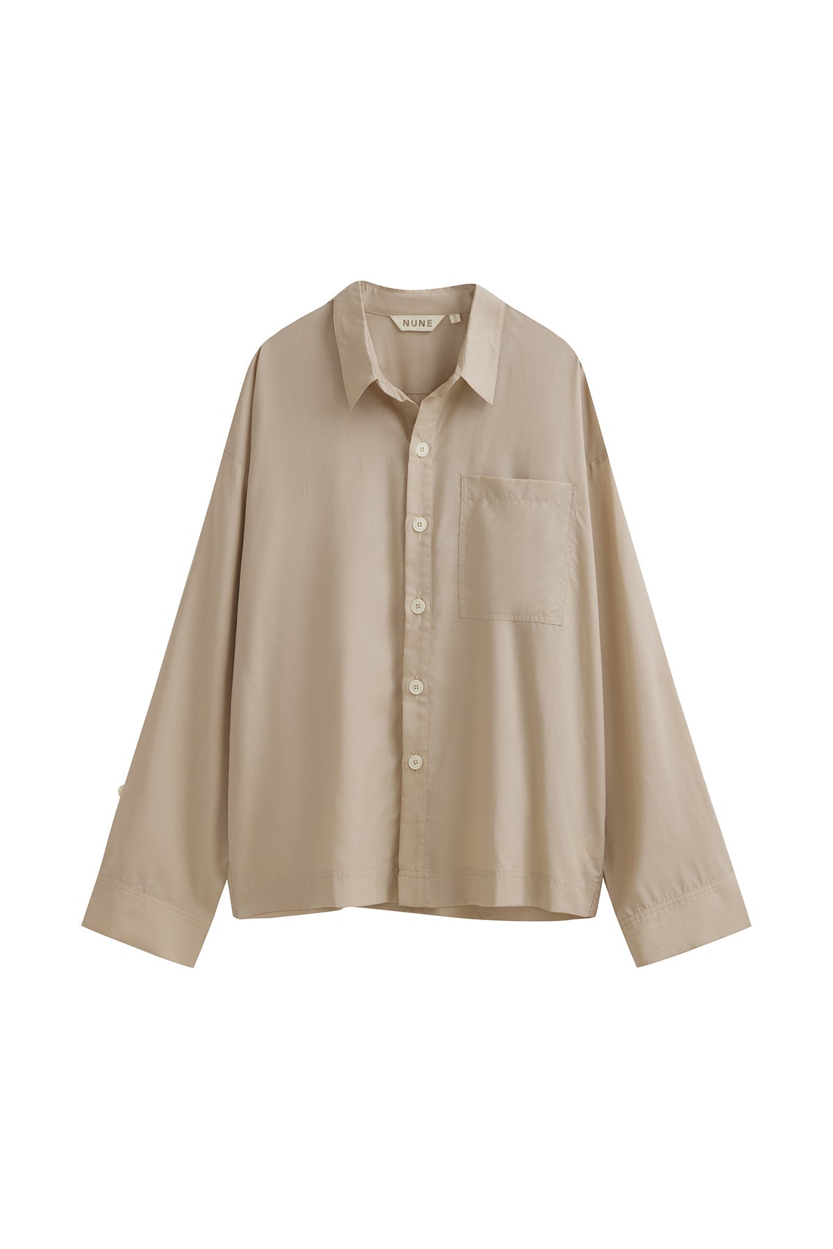Lightweight and breathable, this oat long sleeve sleep shirt offers year-round comfort. Shirt front view.
