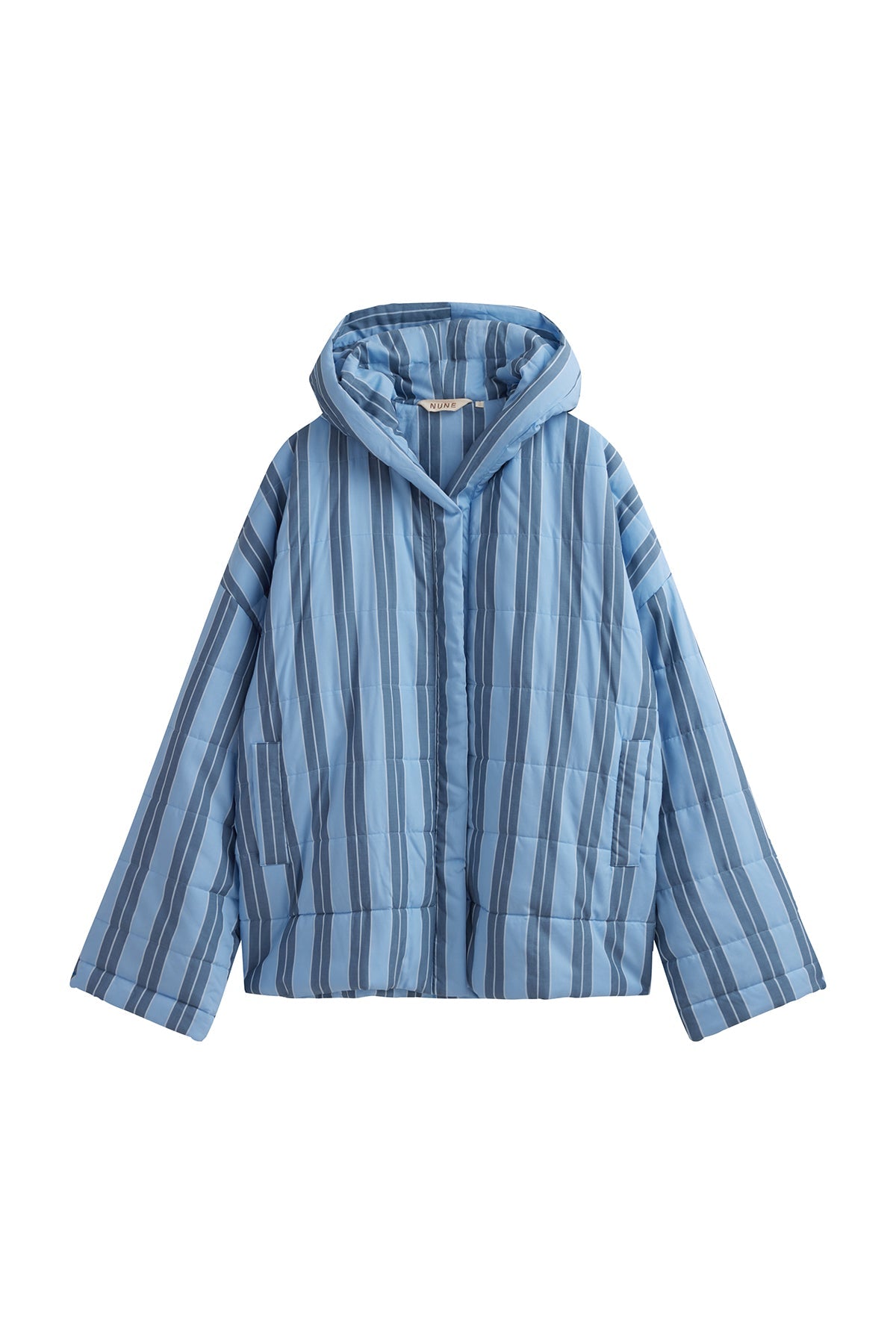 Daybreak Stripe Short Doona Robe front view showing pockets and hood.