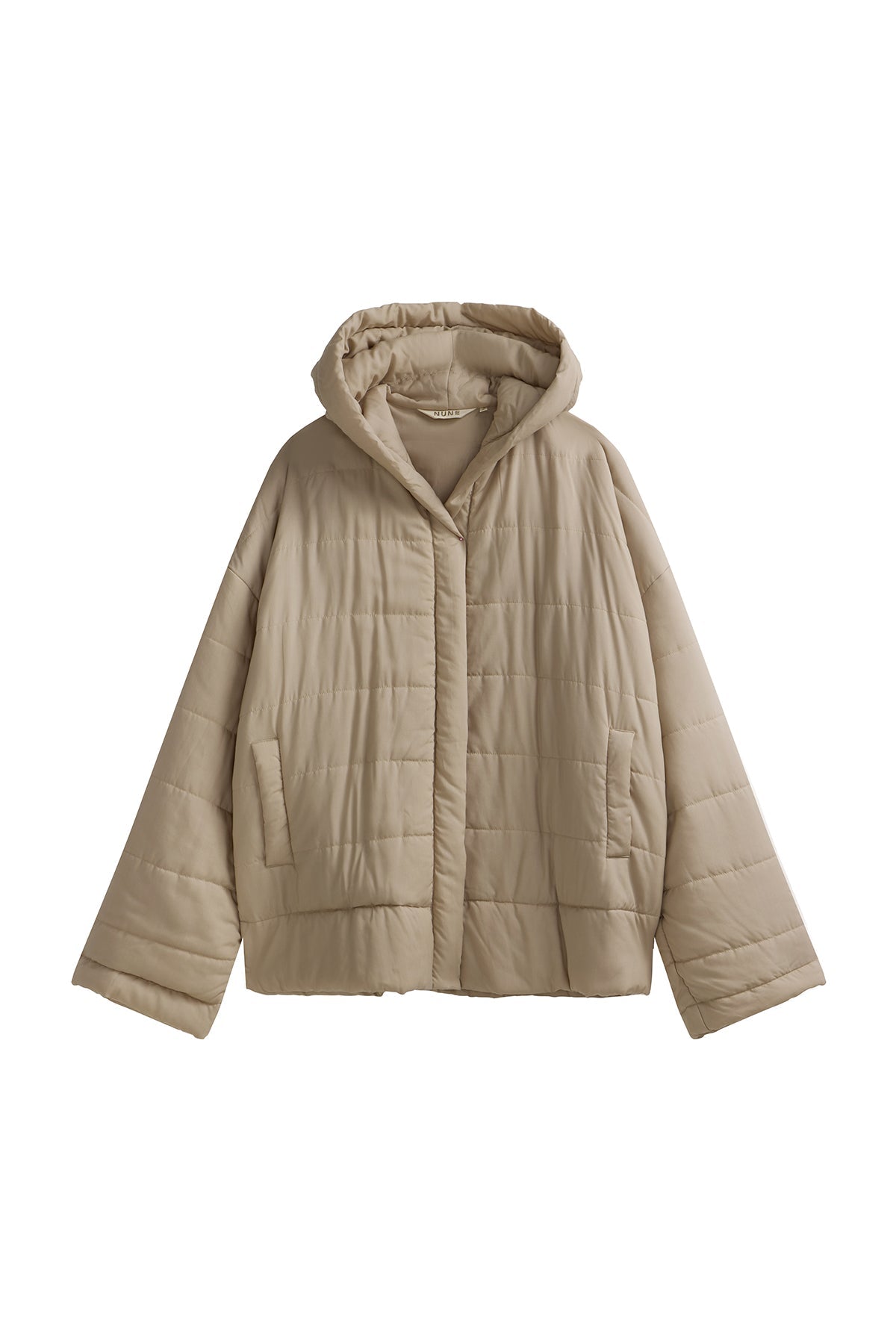 Oat Short Doona Robe front view showing pockets and hood 