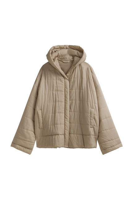 Oat Short Doona Robe front view showing pockets and hood 