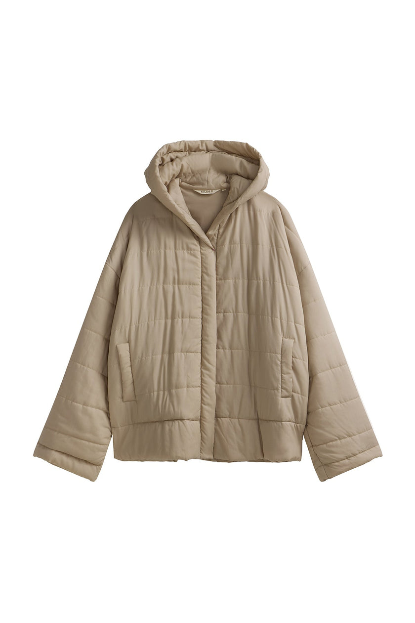 Oat Short Doona Robe front view showing pockets and hood 