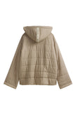 Oat Short Doona Robe back view showing NUNE label on hood and duvet finish