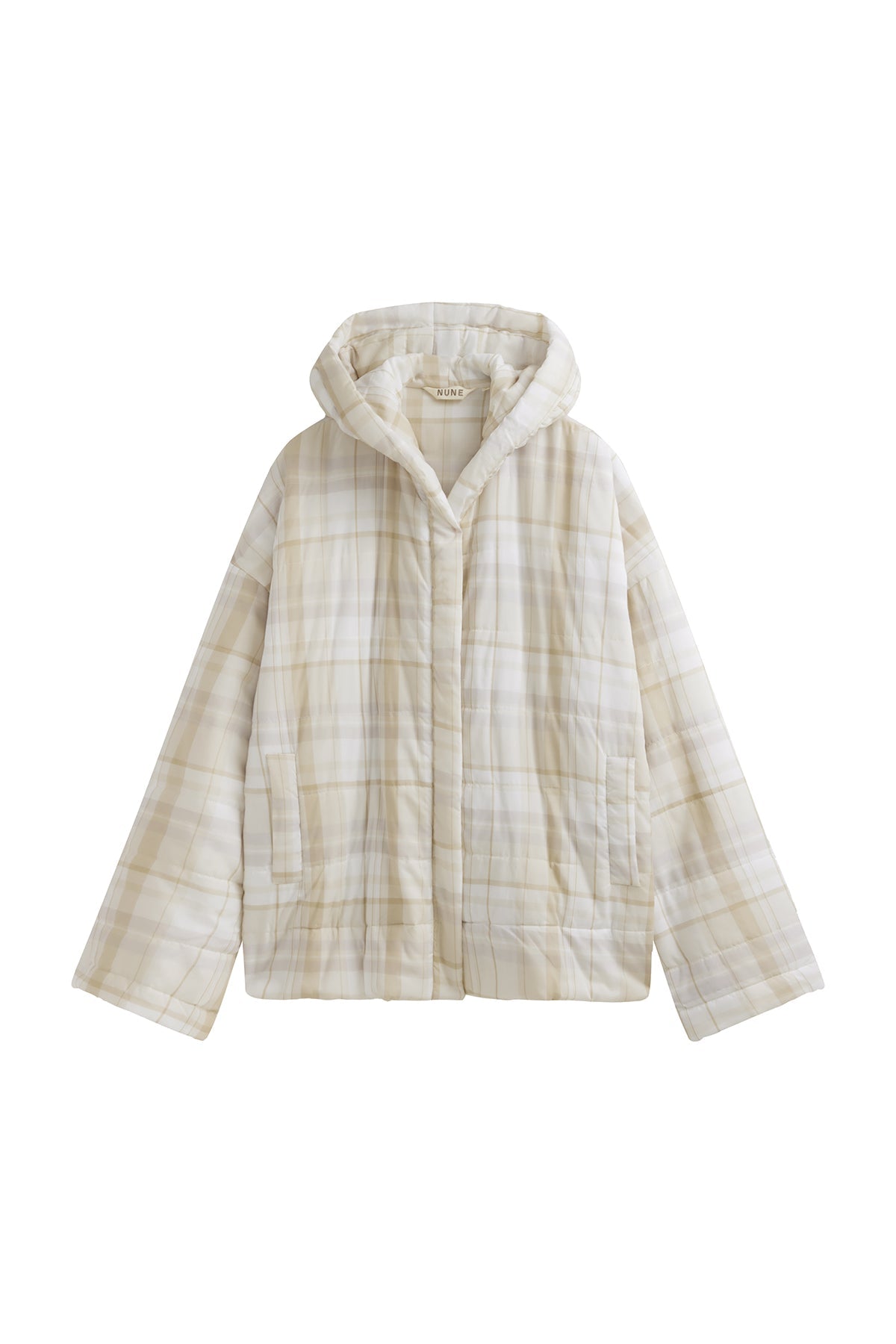 Oat Check Short Doona Robe front view showing pockets and hood 