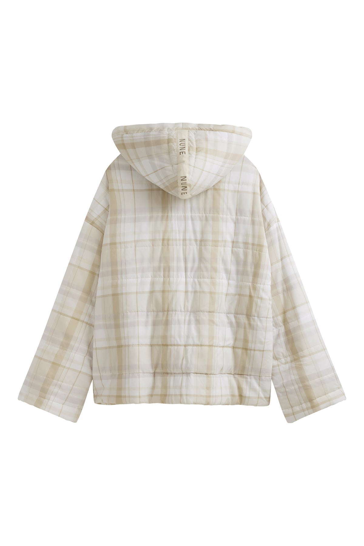 Oat Check Short Doona Robe back view showing NUNE label on hood and duvet finish