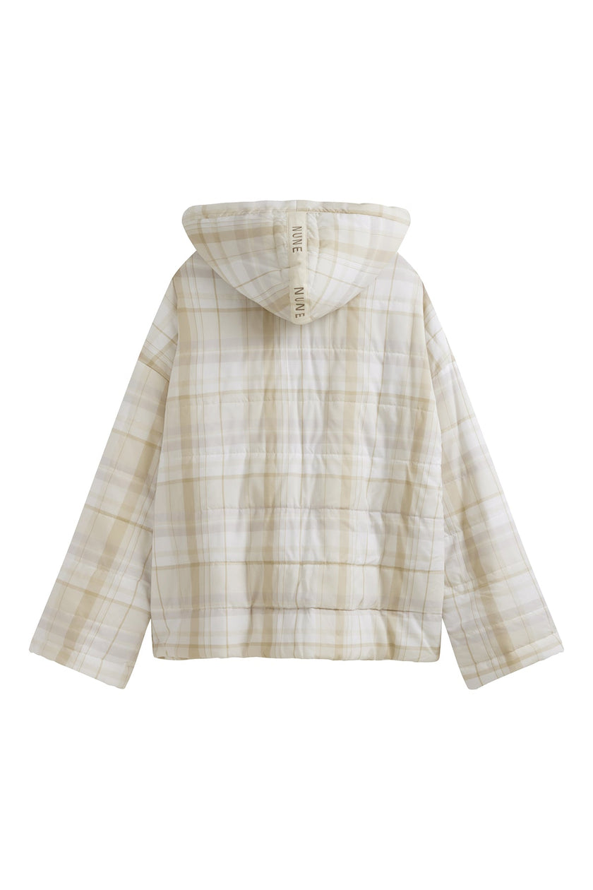 Oat Check Short Doona Robe back view showing NUNE label on hood and duvet finish
