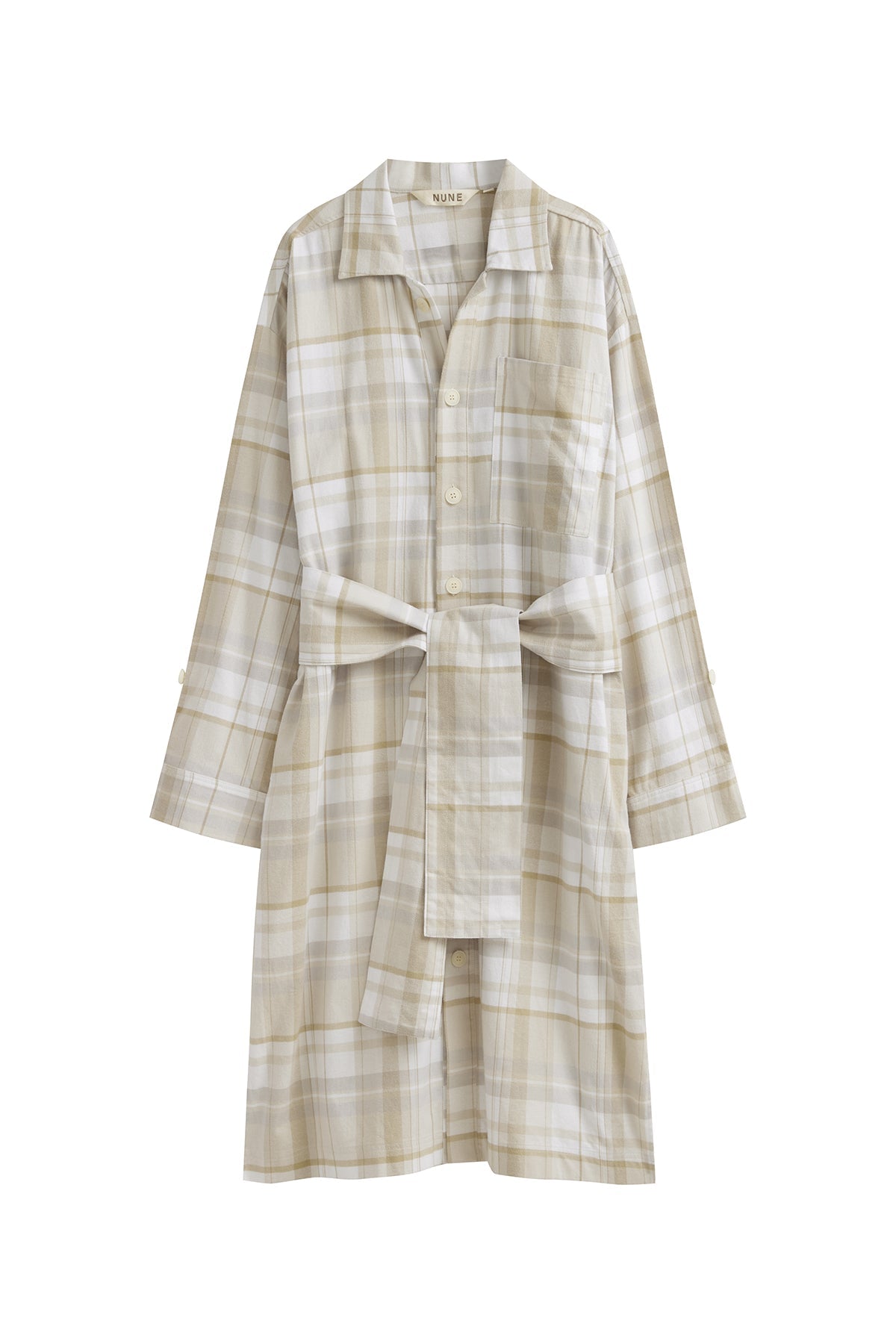 Oat Check House Shirt front view showing removable waist tie and front pocket