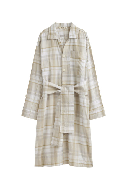 Oat Check House Shirt front view showing removable waist tie and front pocket