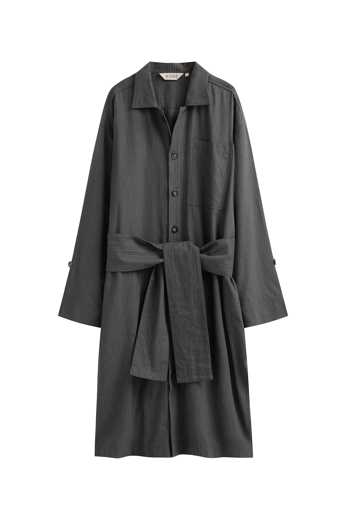 Long House Shirt in Evening Pinstripe front view showing removable tie, chest pocket and buttons down the front