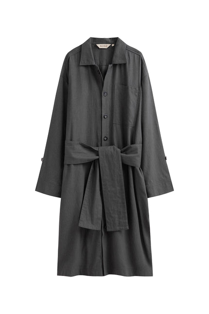 Long House Shirt in Evening Pinstripe front view showing removable tie, chest pocket and buttons down the front