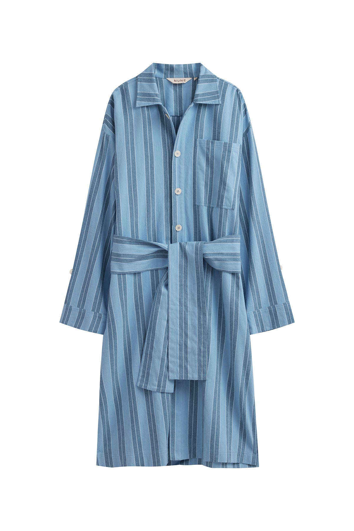 Front view of Blue Daybreak Stripe Long House Shirt in Brushed Cotton Flannel with removable tie