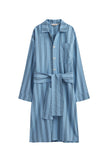 Front view of Blue Daybreak Stripe Long House Shirt in Brushed Cotton Flannel with removable tie