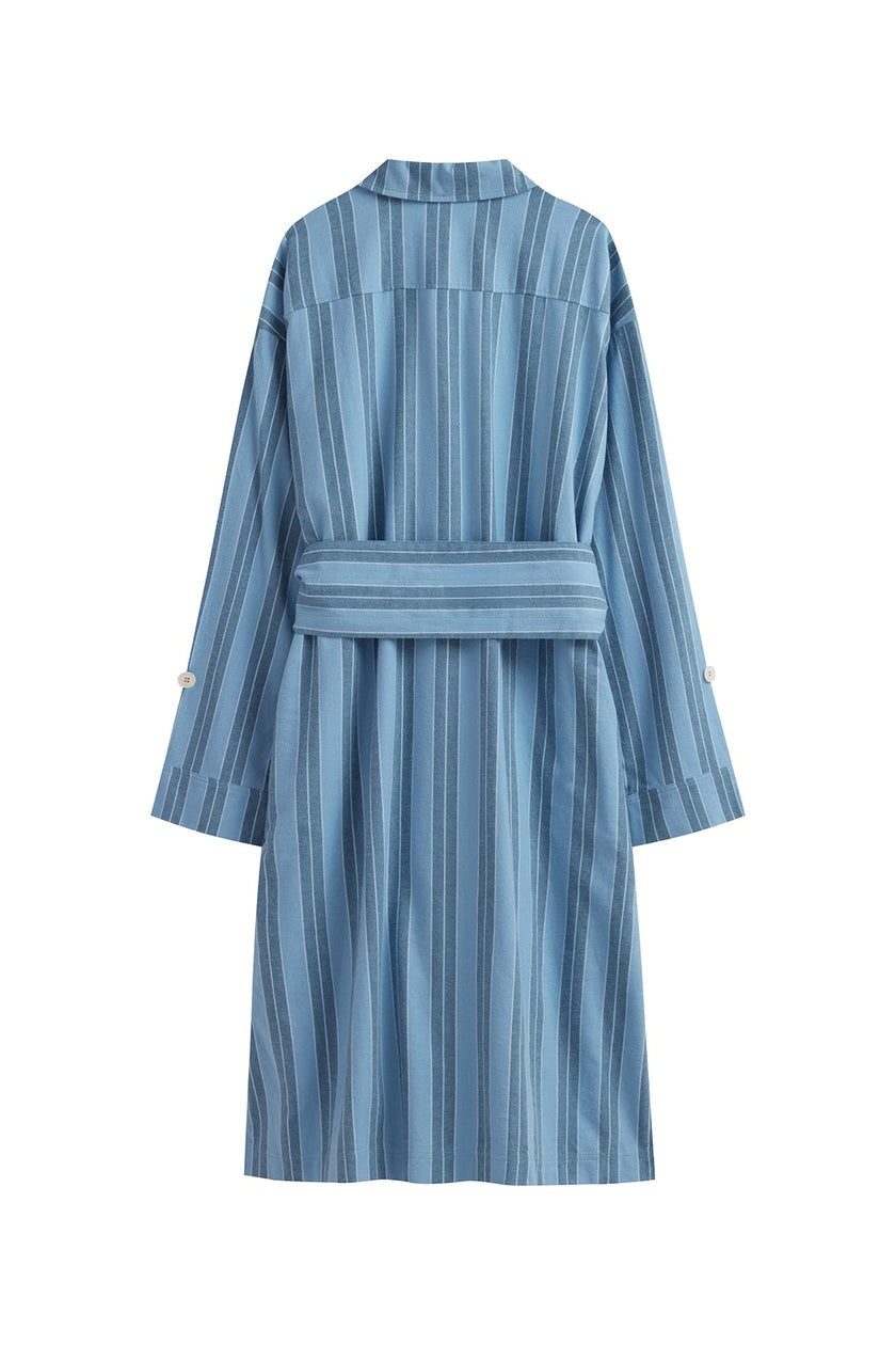 Back view of Blue Daybreak Stripe Long House Shirt in Brushed Cotton Flannel with removable tie