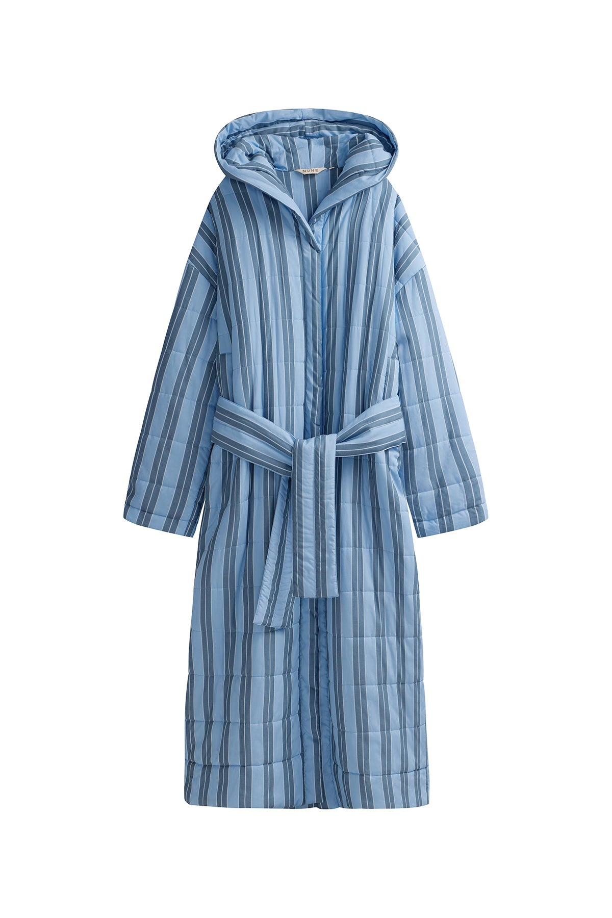 Daybreak Stripe Long Doona Robe front view showing pockets, hood and removable waist tie 