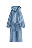Daybreak Stripe Long Doona Robe front view showing pockets, hood and removable waist tie 