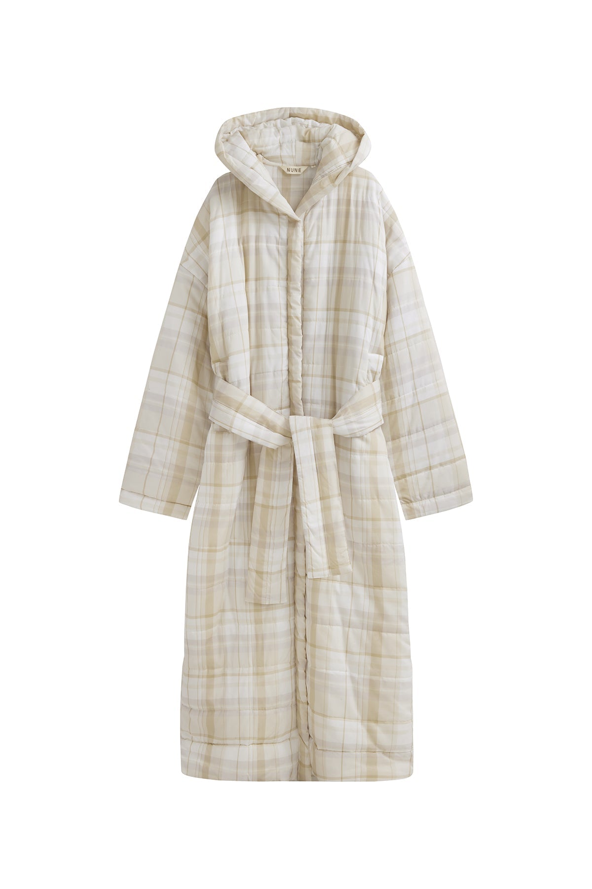 Oat Check Long Doona Robe front view showing pockets, hood and removable waist tie 