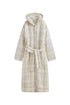 Oat Check Long Doona Robe front view showing pockets, hood and removable waist tie 