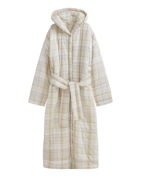 Oat Check Long Doona Robe front view showing pockets, hood and removable waist tie 