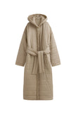 Oat Long Doona Robe front view showing pockets, hood and removable waist tie 